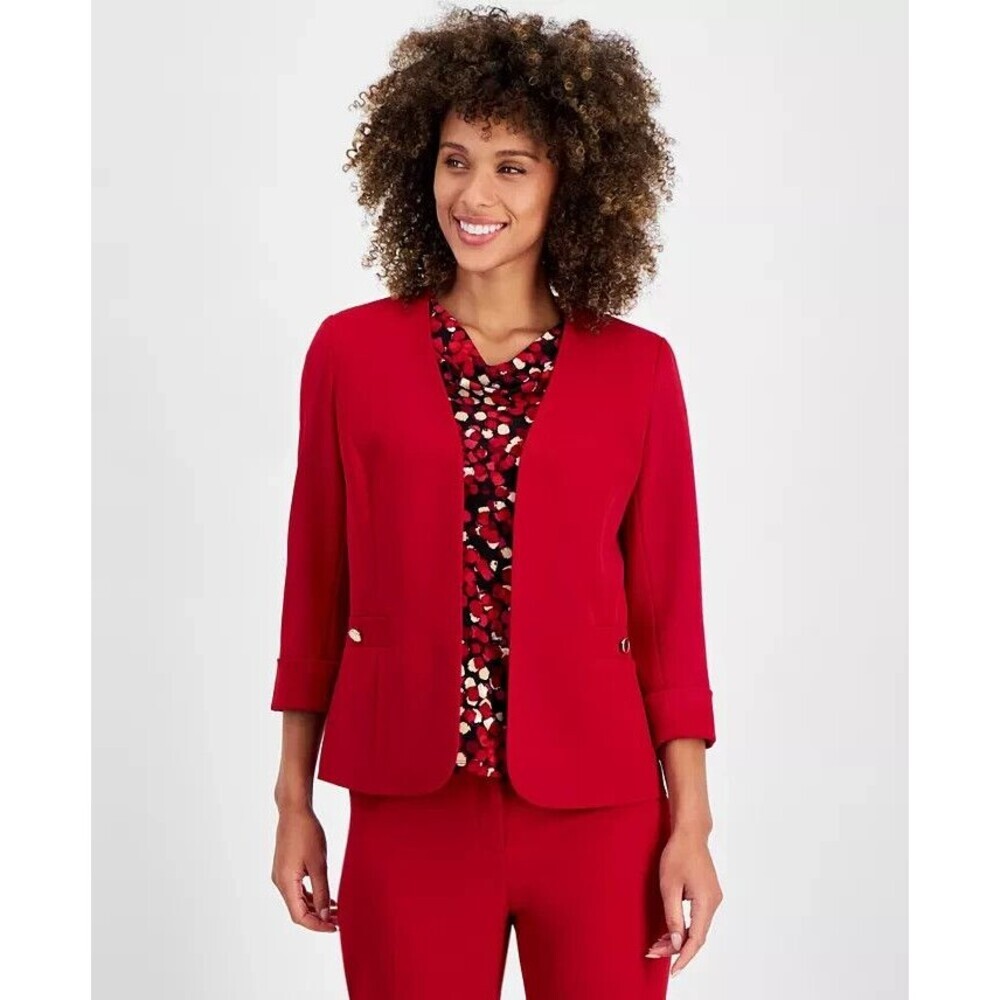 Kasper Women's Cuffed Open-Front Collarless Formal Jacket Blazer Fire Red 4P